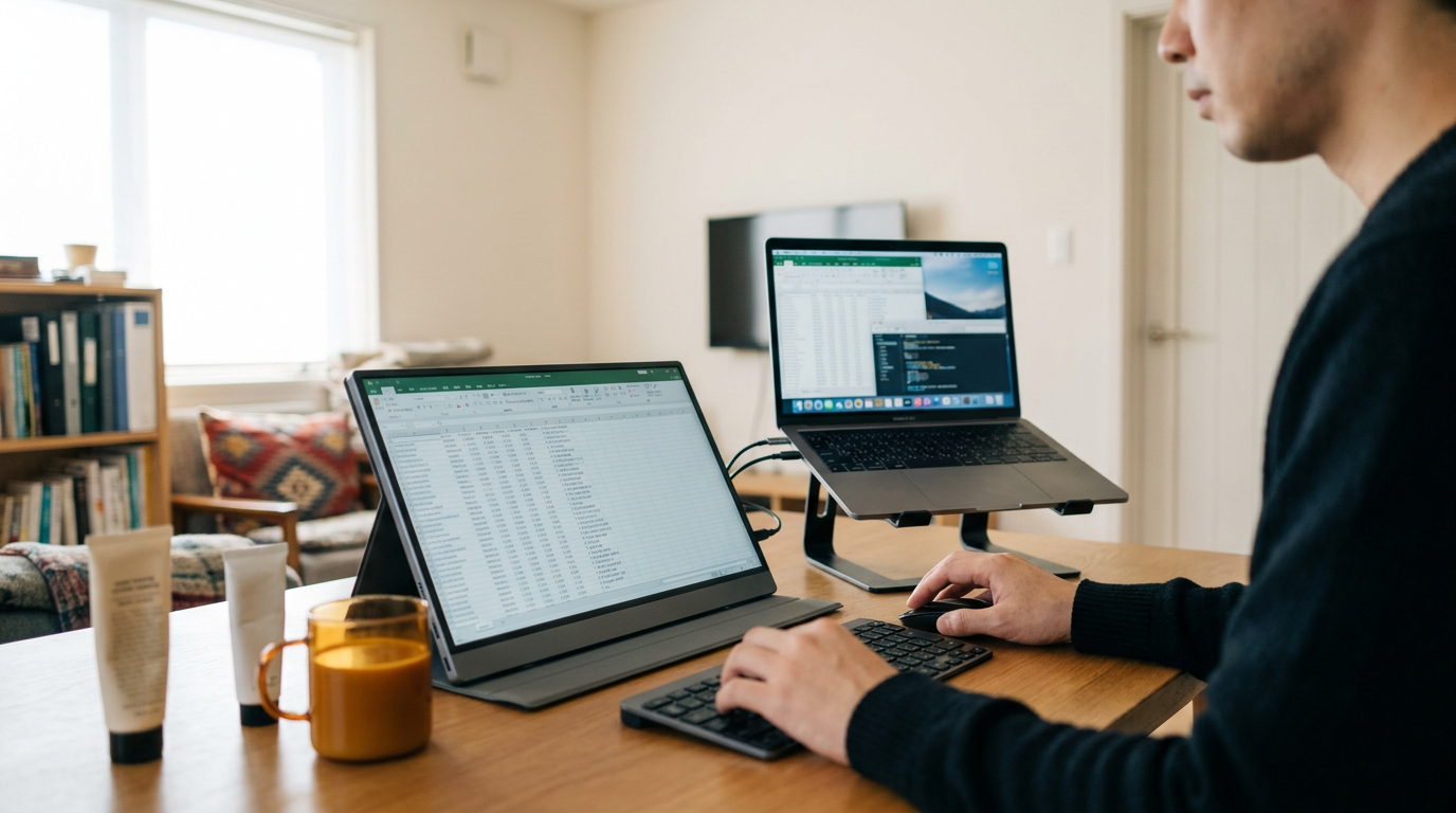 A candid daylight photograph showing 4k portable monitor in the real place where it is actually used, with the product itself clearly present and in focus, an anonymous person usin
