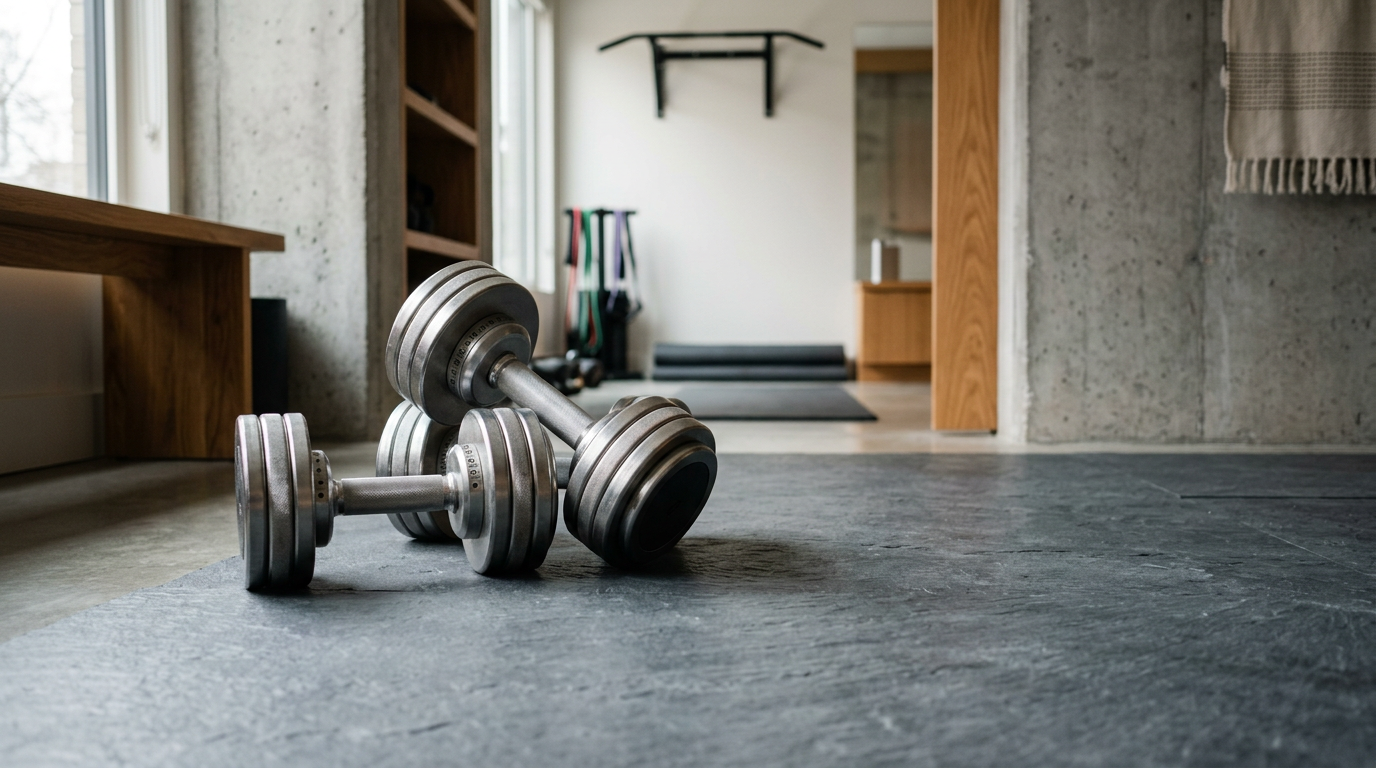 A pair of sleek, professional-grade adjustable dumbbells rests on a textured slate surface, surrounded by the cool geometry of a minimalist home gym.
