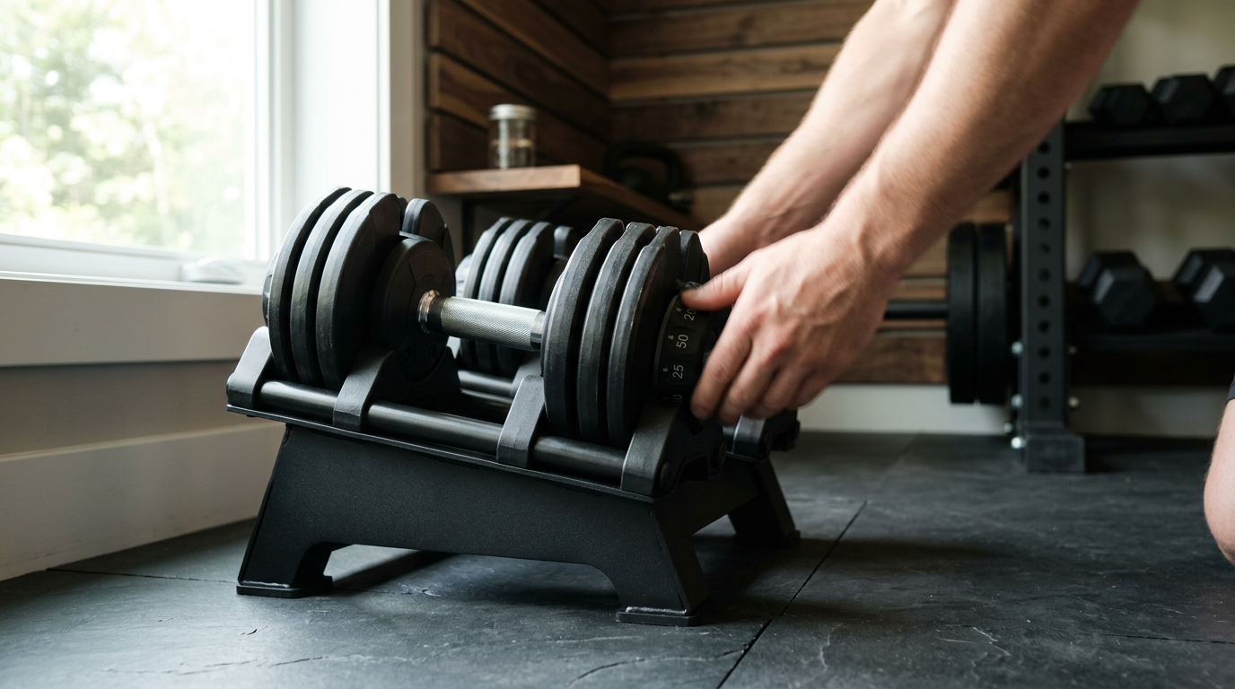 A tight, low-angle shot captures a pair of adjustable dumbbells mid-transition on a matte-black steel rack.