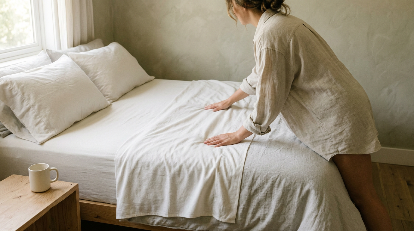 A warm, bright lifestyle photograph of an anonymous person using amazon basics lightweight super soft in the place where it is really used, natural window light, a plain unlabelled