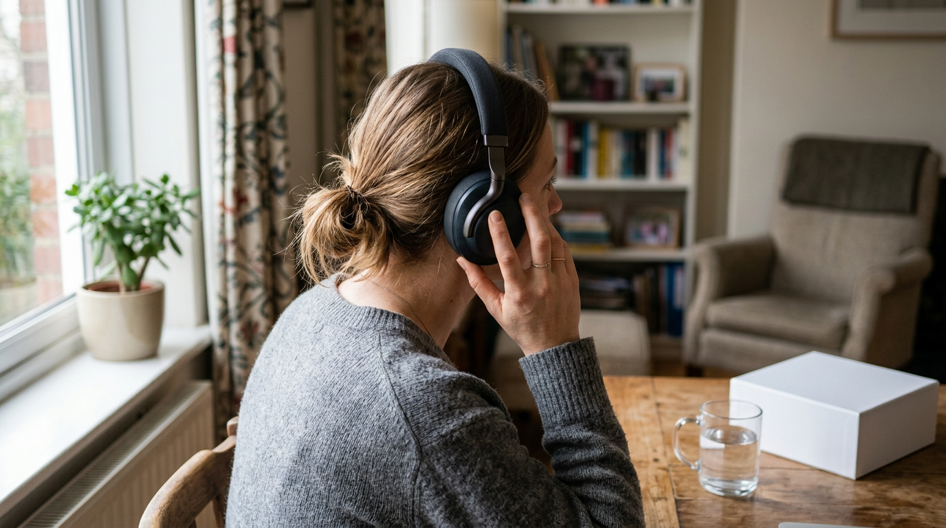 A pair of premium wireless over-ear headphones rests on a textured, matte obsidian surface.