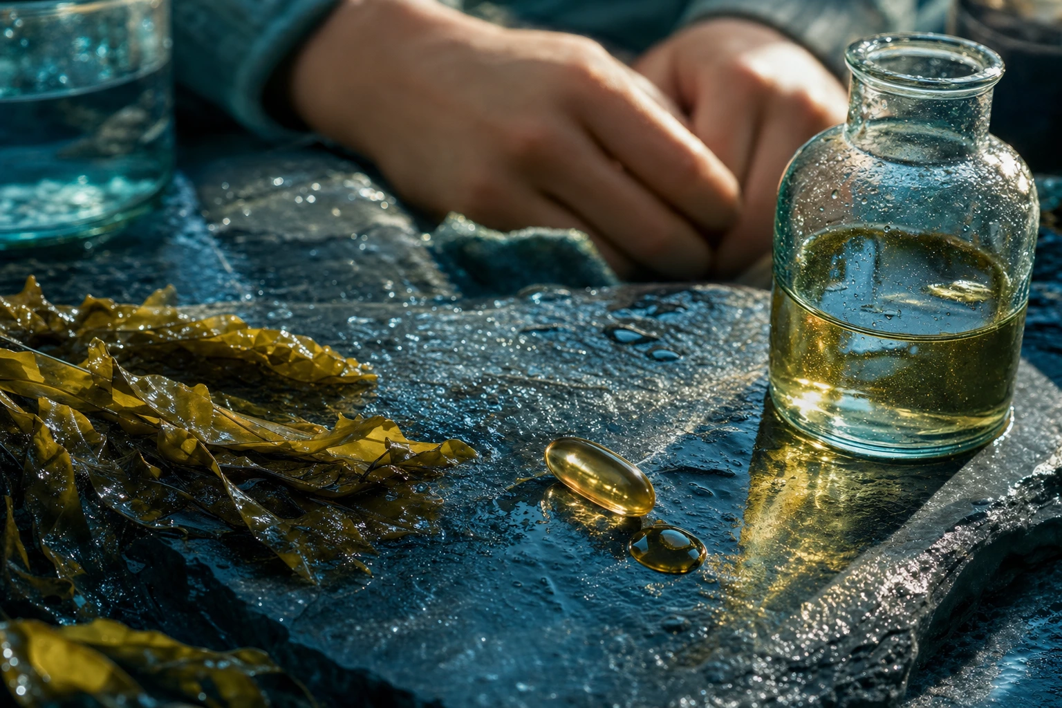 A golden softgel, an amber droplet, and sea kelp sit on wet slate. Morning light refracts through a glass of water in the background.
