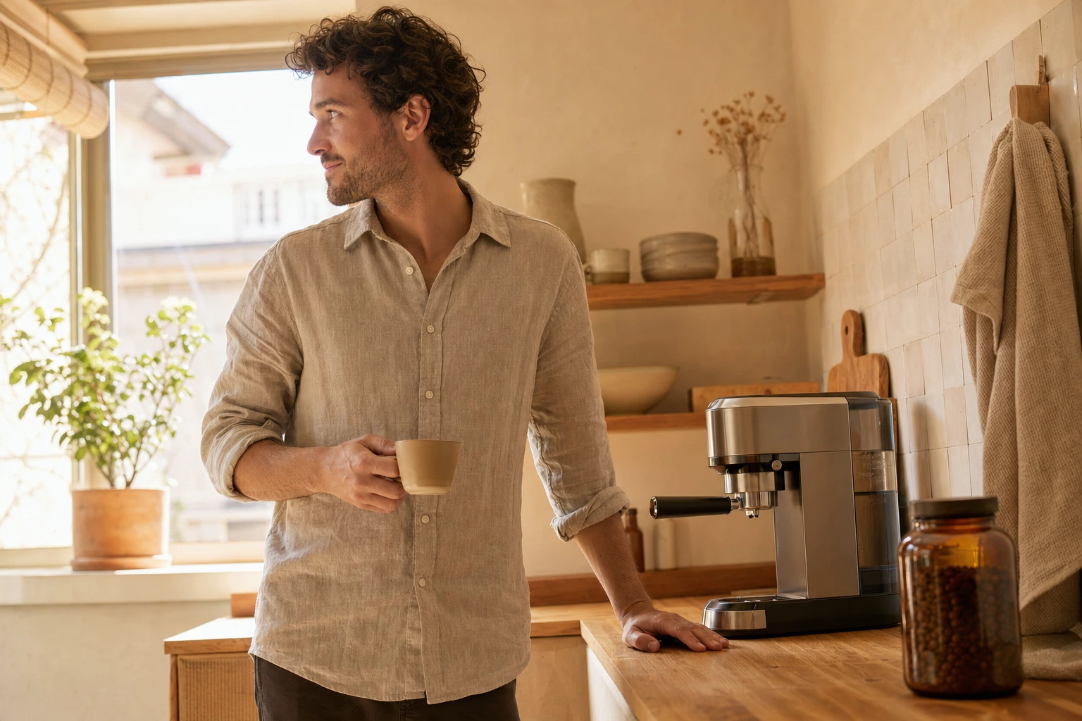 A person in a linen shirt stands in a sunlit kitchen by a wooden counter with an espresso machine and an amber jar of coffee beans.
