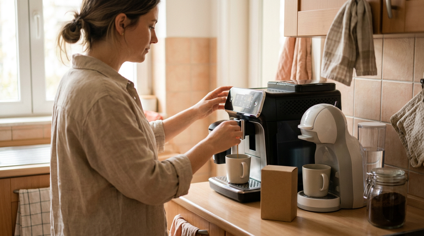 A candid lifestyle scene evoking everyday life around philips 5500 series fully automatic espresso machine: a lived-in interior, natural light, hands out of focus, real materials a