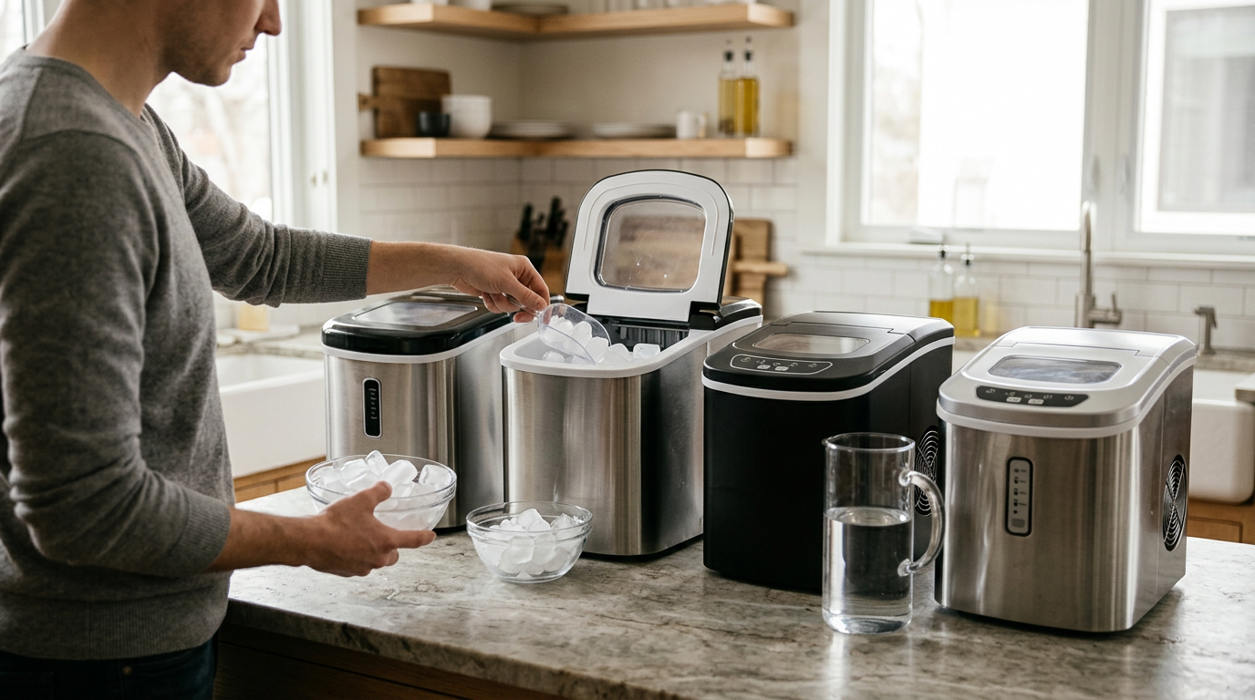 A premium, richly composed still life evoking best ice maker countertop: 4 picks compared, with realistic natural materials, water or texture detail and cinematic side light.