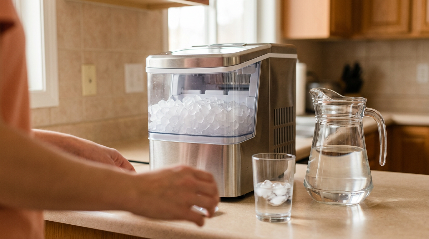 A candid lifestyle scene evoking everyday life around silonn nugget ice maker countertop with app & voice control: a lived-in interior, natural light, hands out of focus, real mate