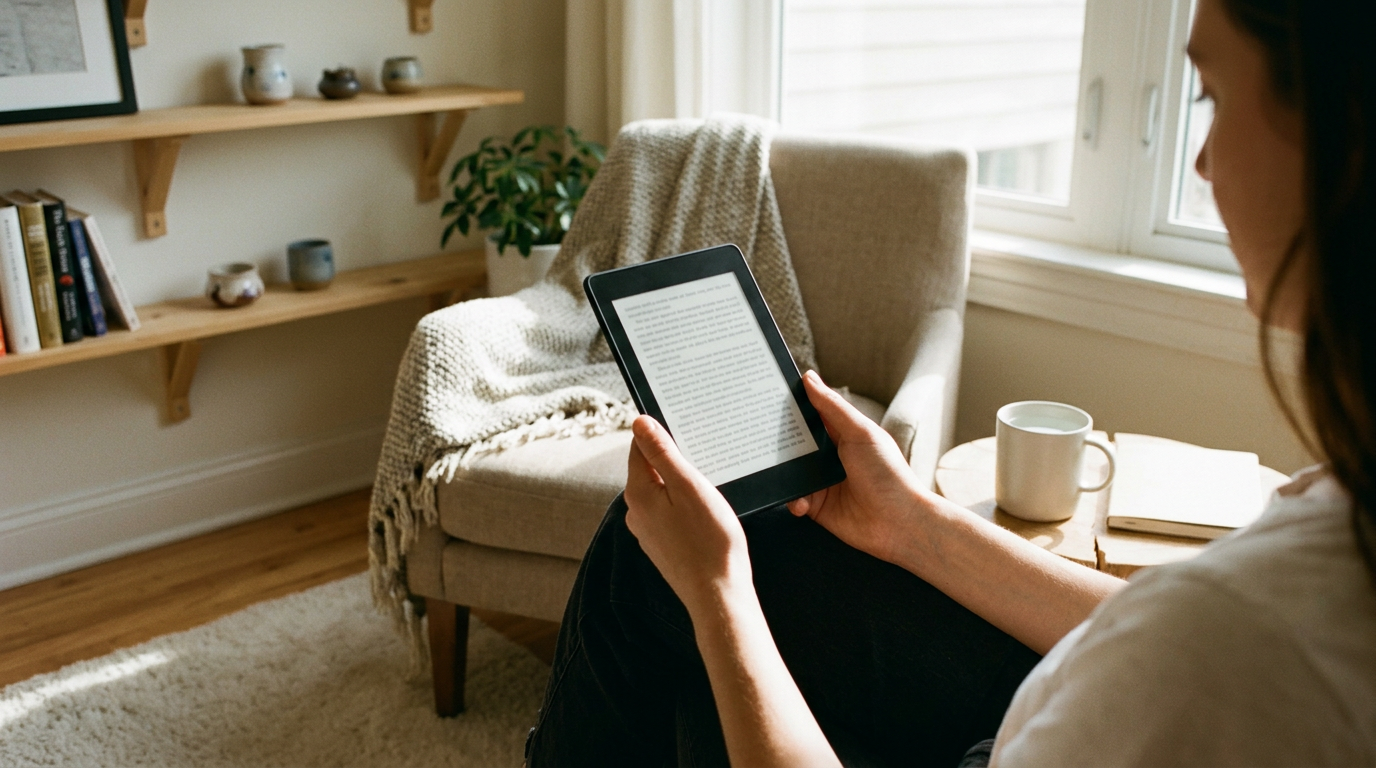 A premium, richly composed still life evoking amazon kindle paperwhite 16gb, with realistic natural materials, water or texture detail and cinematic side light.