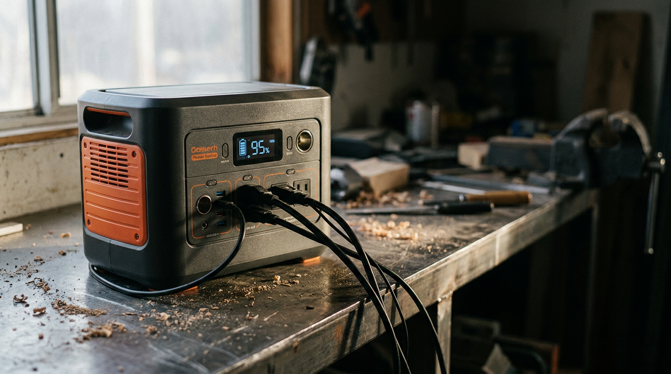 A grey and orange portable power station with a display reading 95% sits on a workbench with several power cables plugged in.