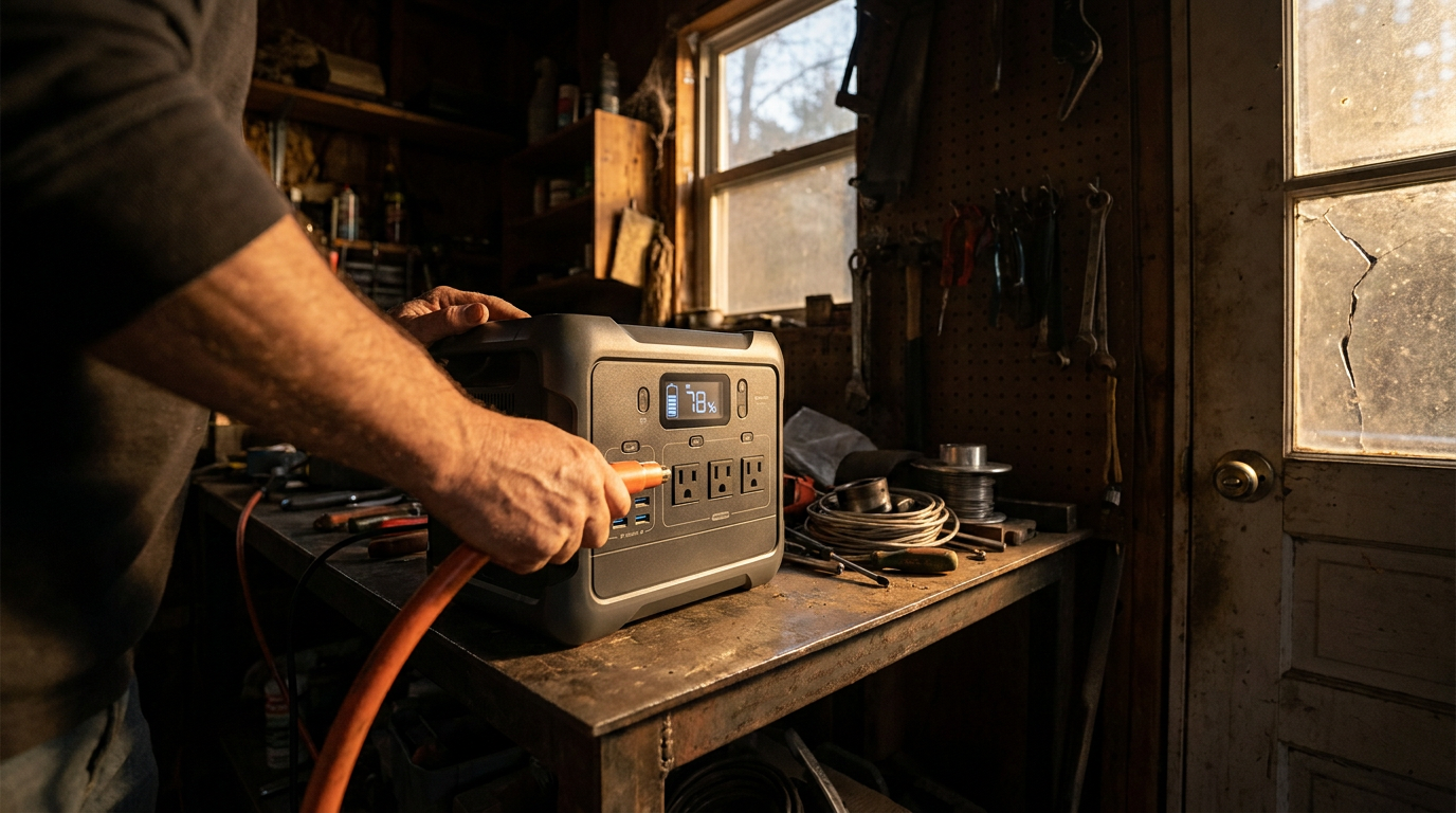A man plugs an orange cord into a portable power station on a cluttered workbench in a sunlit workshop.