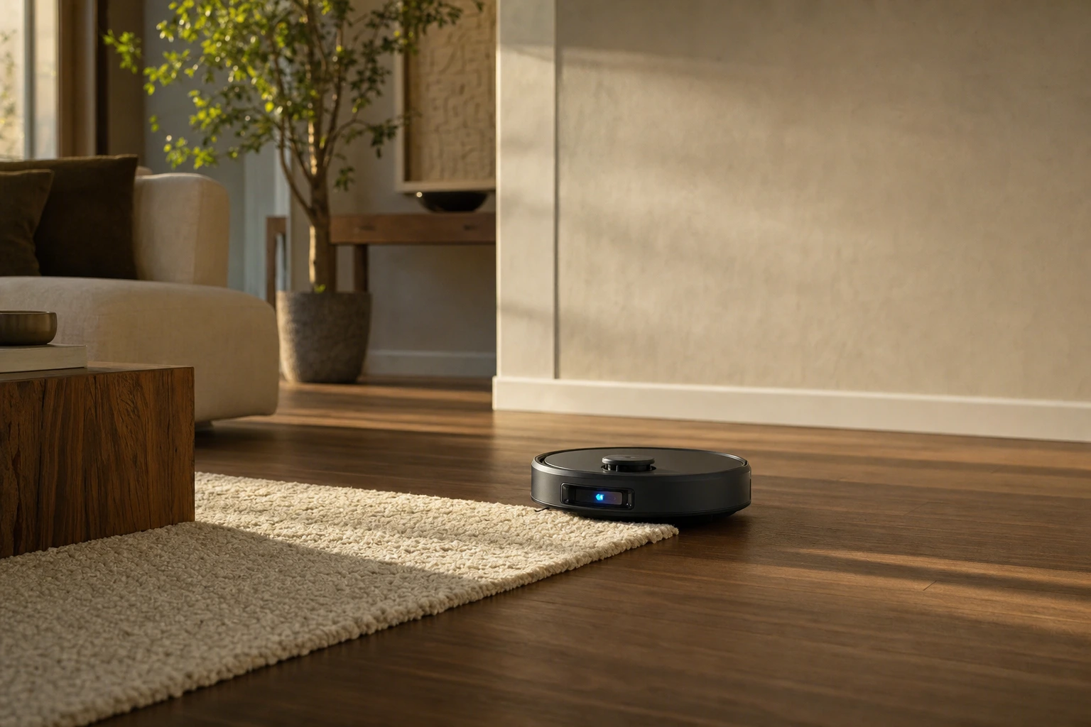 A black robot vacuum cleaner with a blue light on a hardwood floor next to a textured rug in a sunlit living room.