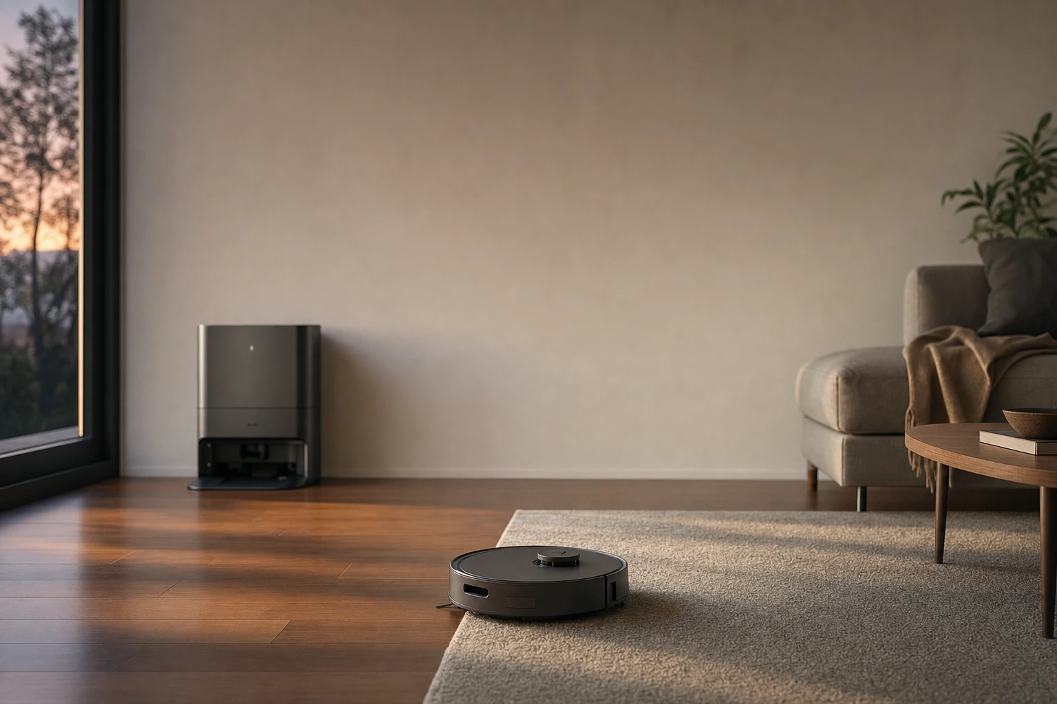 A round robotic vacuum on a beige rug in a warm, minimalist living room with a wooden floor, docking station, and grey sofa.