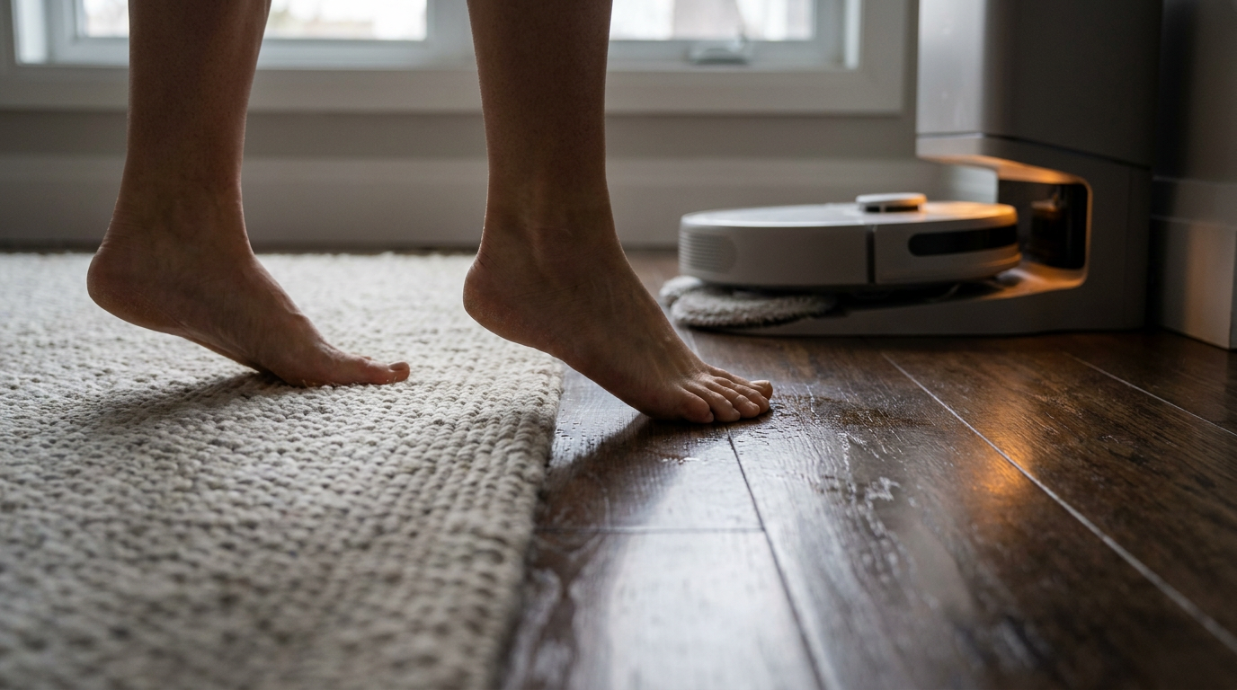 Bare feet walking from a light woven rug onto a dark hardwood floor next to a robot vacuum cleaner at its docking station.