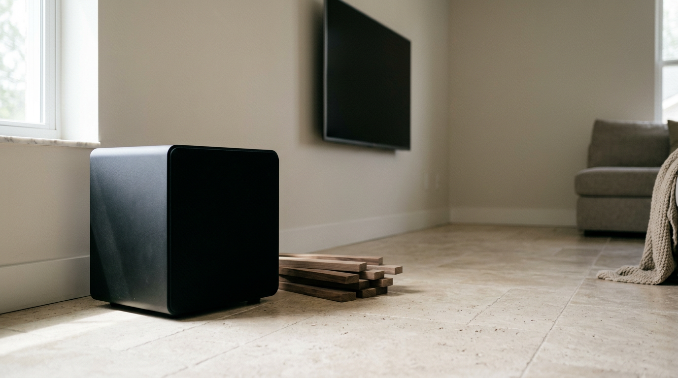 A sleek, matte-black subwoofer sits grounded on a textured travertine floor, its monolithic form emphasizing depth and sonic weight.