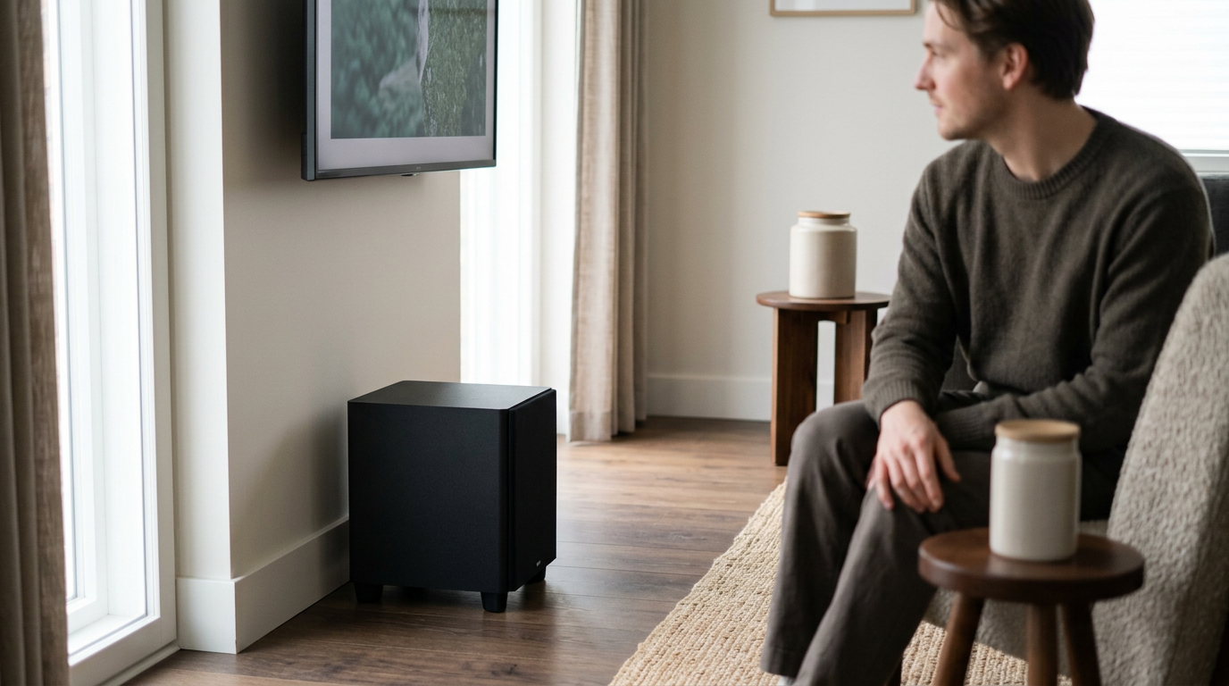 A low-angle, cinematic close-up reveals the matte-black wireless subwoofer nestled against the grain of a dark, walnut floorboards edge.