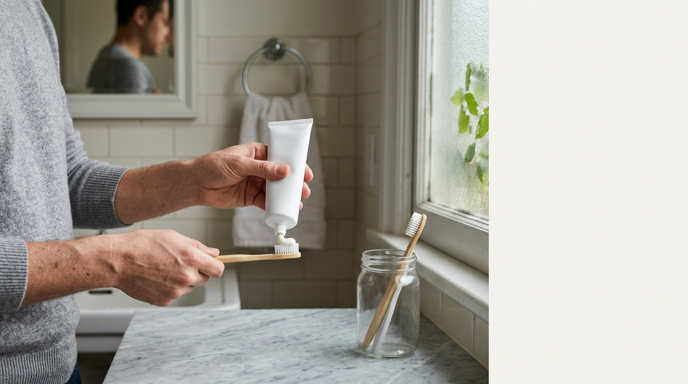 A pristine, unbranded white tube of toothpaste sits atop a slab of cool, grey honed marble.
