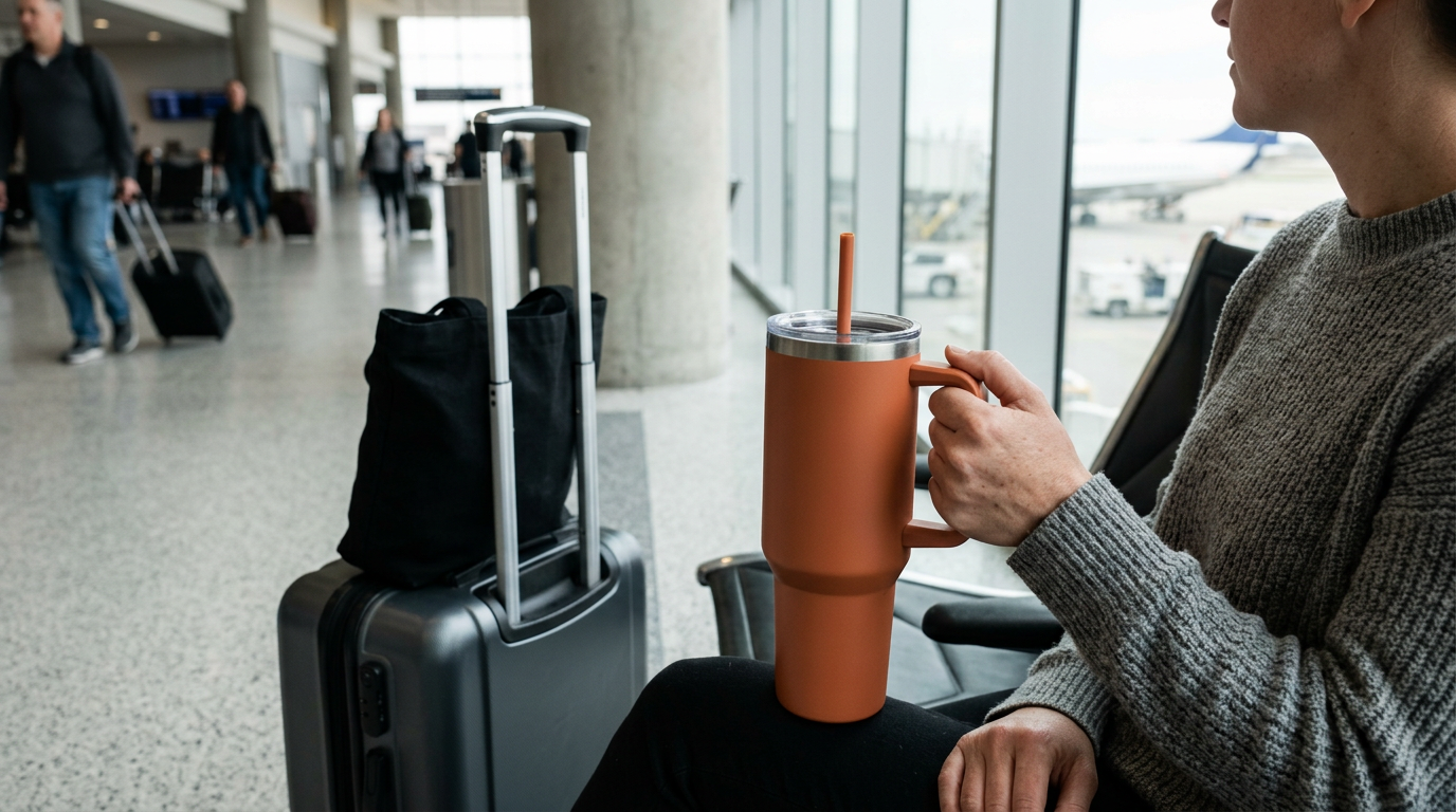 A candid daylight photograph showing stanley quencher h2.0 flow state tumbler in the real place where it is actually used, with the product itself clearly present and in focus, an 