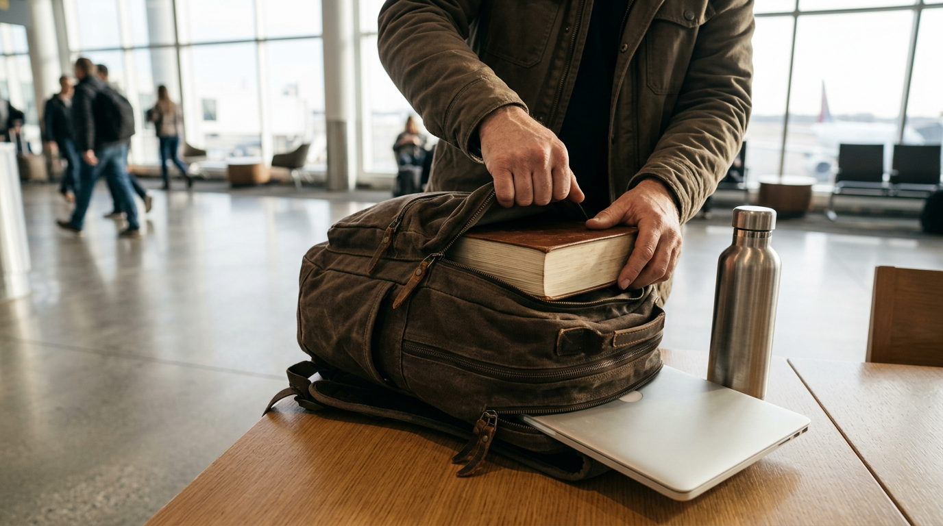 A high-angle, documentary-style shot captures a pair of hands struggling to wedge a thick, heavy textbook into the already-full main compartment of a sturdy canvas backpack resting