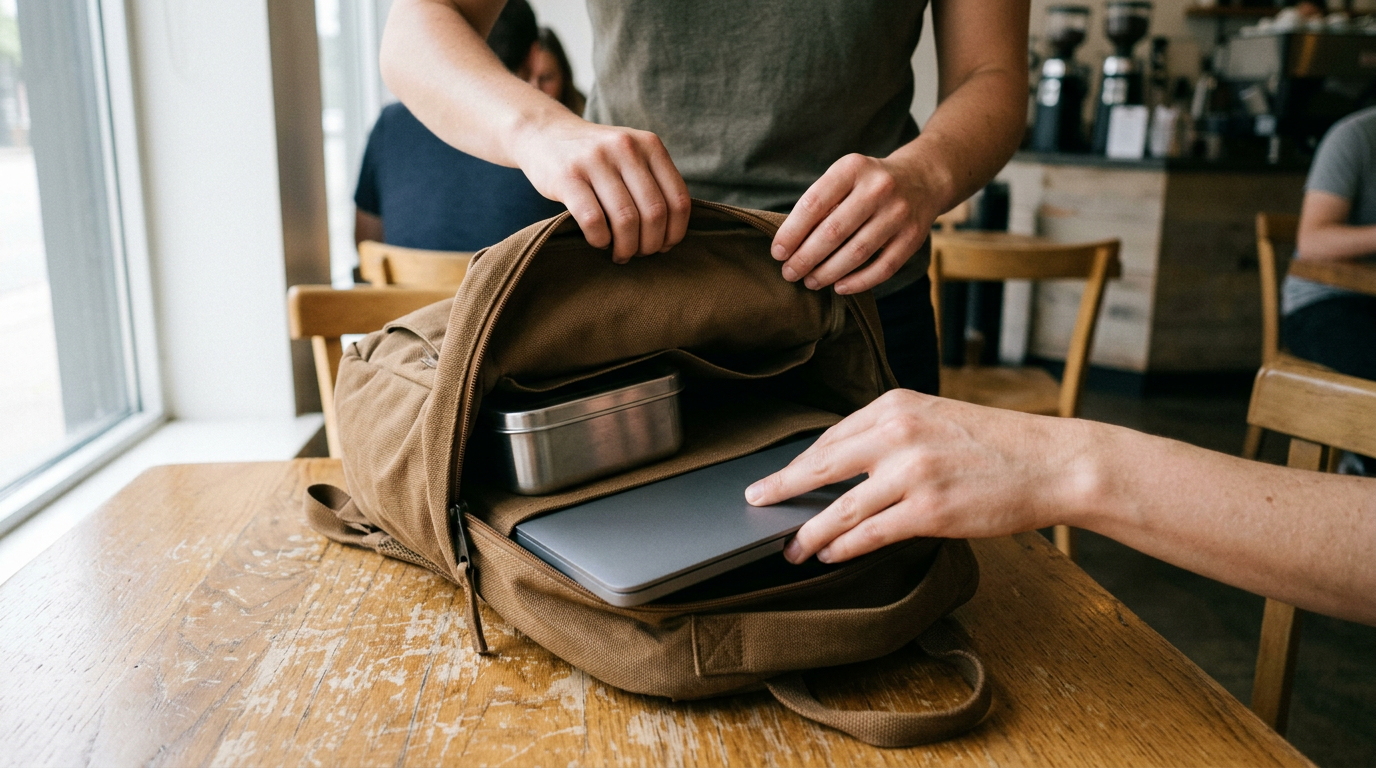 A high-angle, top-down shot of an open, medium-sized utilitarian backpack resting on a scarred oak café table.