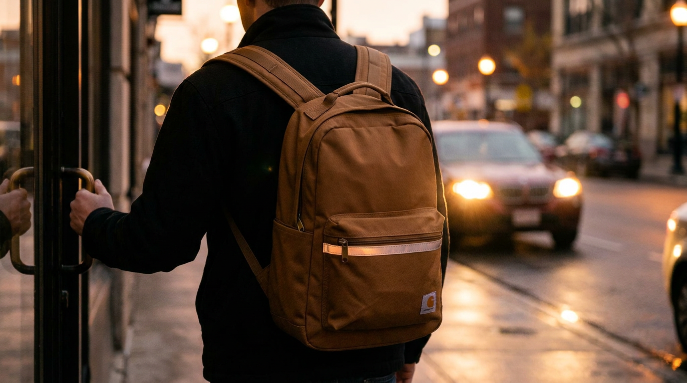 Rear view of a person wearing a brown backpack and black jacket, reaching to open a glass door on a wet city street at dusk.