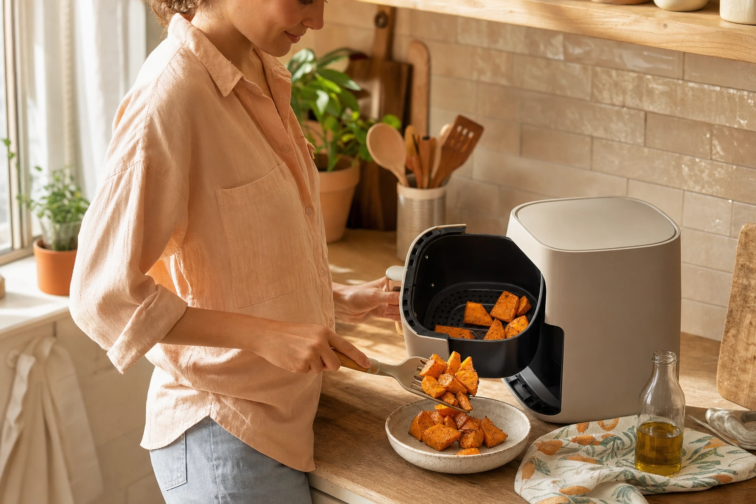 A woman uses a spatula to scoop roasted sweet potatoes from an air fryer basket onto a plate on a kitchen counter.