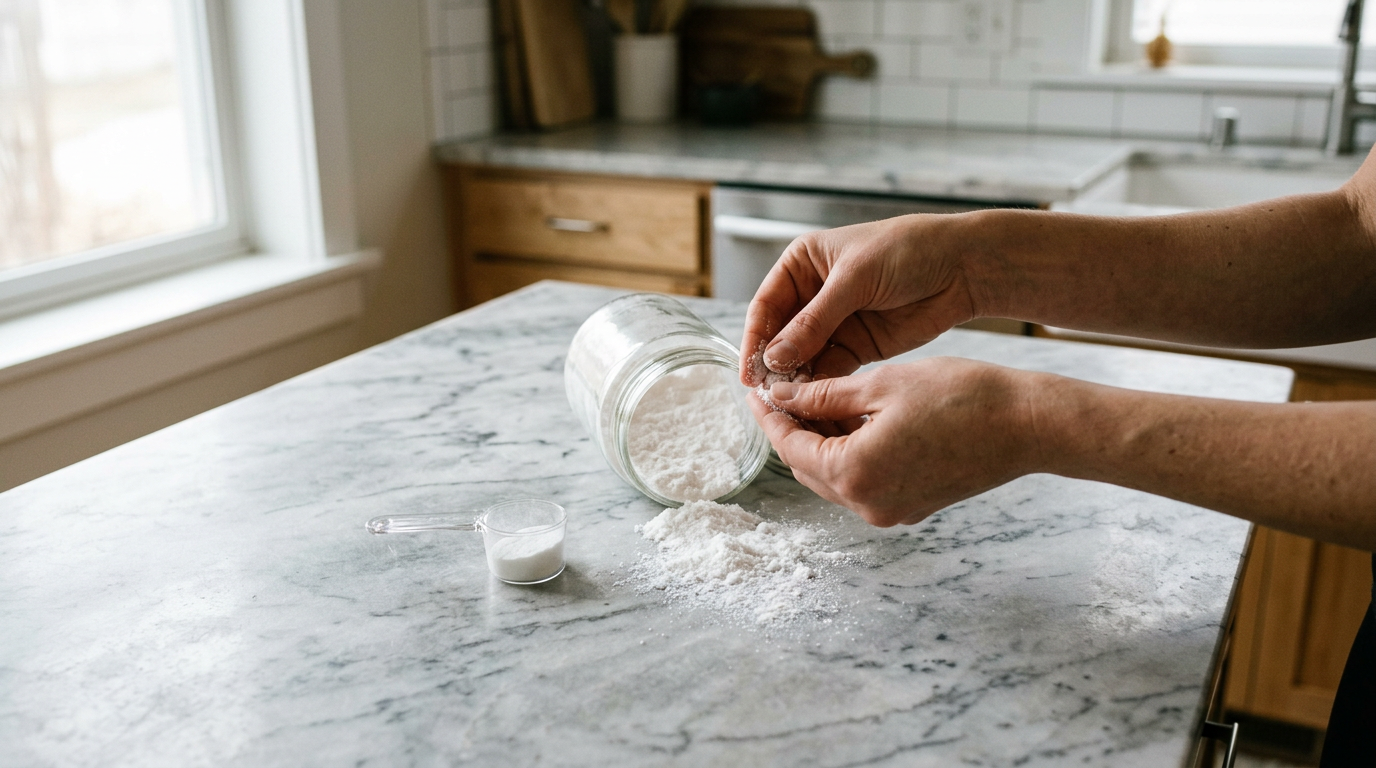 A close-up, top-down shot captures a pair of hands carefully inspecting a fine, crystalline white powder spilled onto a textured, matte-finished marble kitchen island.