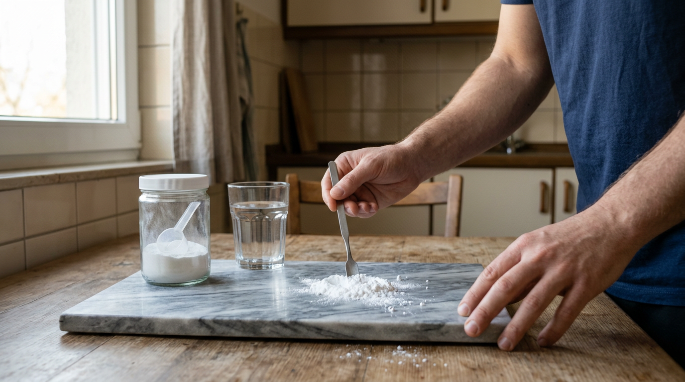 A macro, top-down shot captures a weathered wooden kitchen table scattered with loose, stark-white crystalline powder.