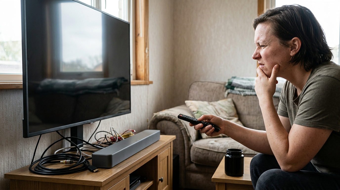 A close-up shot captures a person sitting on a lived-in sofa, holding a remote while squinting at an expansive, unlit television screen.