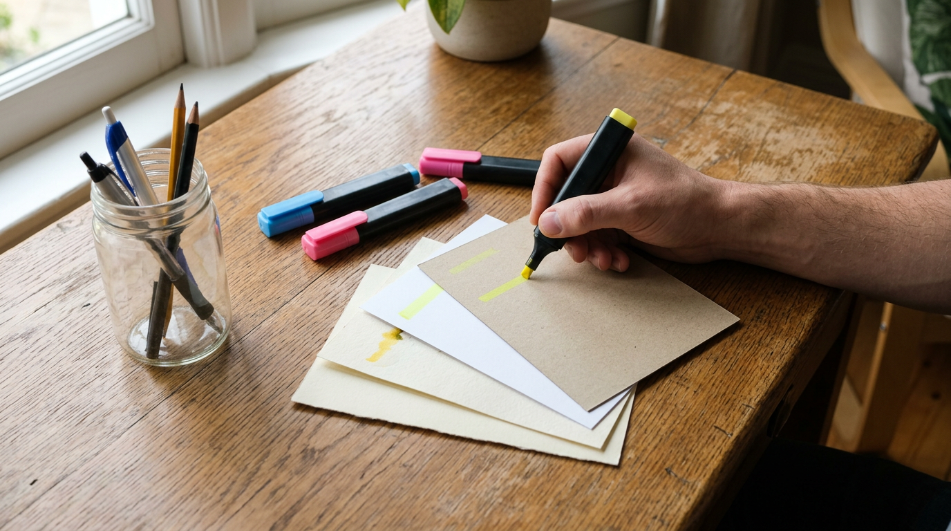 A close-up, high-angle shot captures a person’s hand testing three distinct chisel-tip markers on a stack of varying paper types.