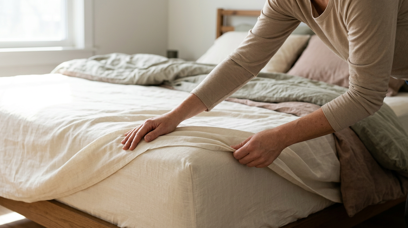 A close-up, documentary-style shot captures a person’s hands smoothing a crisp, percale-woven linen sheet over the corner of a mattress.