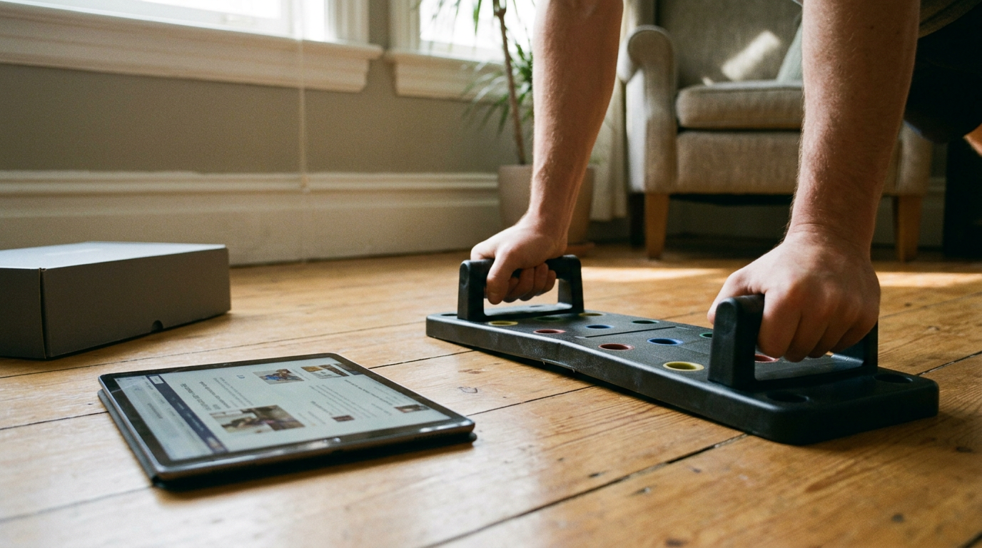A low-angle, close-up shot captures the push-up board resting on a hardwood floor, viewed from the perspective of someone evaluating its structural integrity.