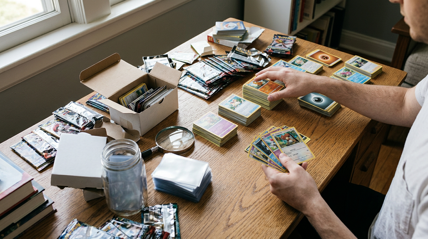 A top-down, editorial shot captures hands sifting through a wooden desk cluttered with opened foil wrappers and organized card stacks.