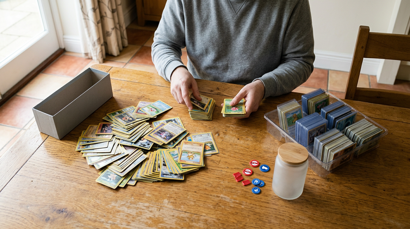 A top-down, documentary-style shot captures a pair of hands sorting a chaotic pile of cards onto a polished oak table.