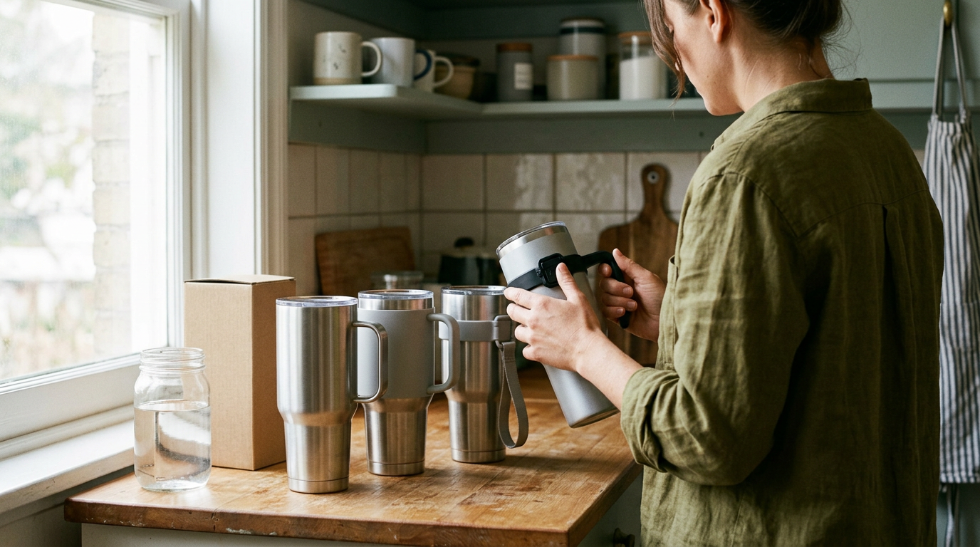 A premium, richly composed still life evoking how to choose the right 40oz tumbler handle, with realistic natural materials, water or texture detail and cinematic side light.