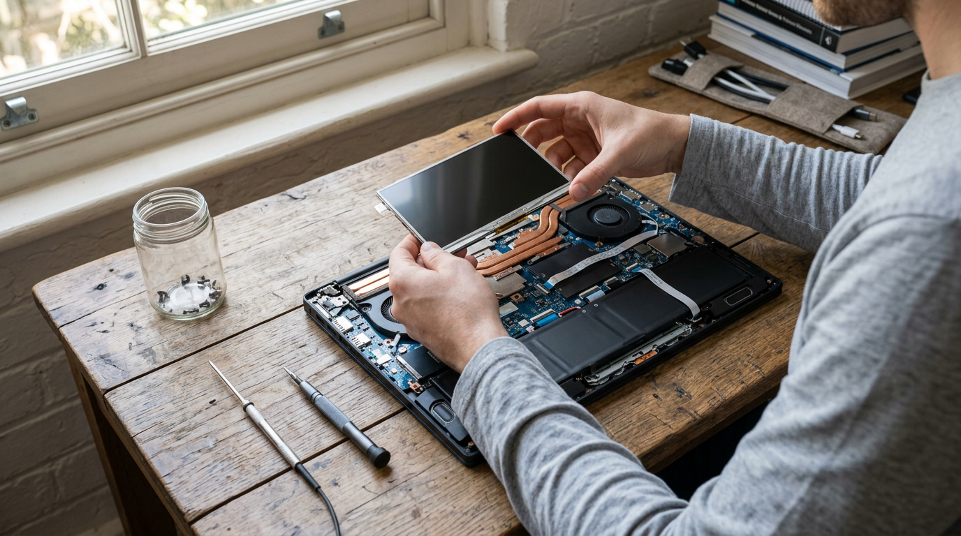 A close-up, top-down shot captures a pair of steady hands holding a delicate display module against the open, exposed chassis of a high-end laptop on a weathered oak workbench.
