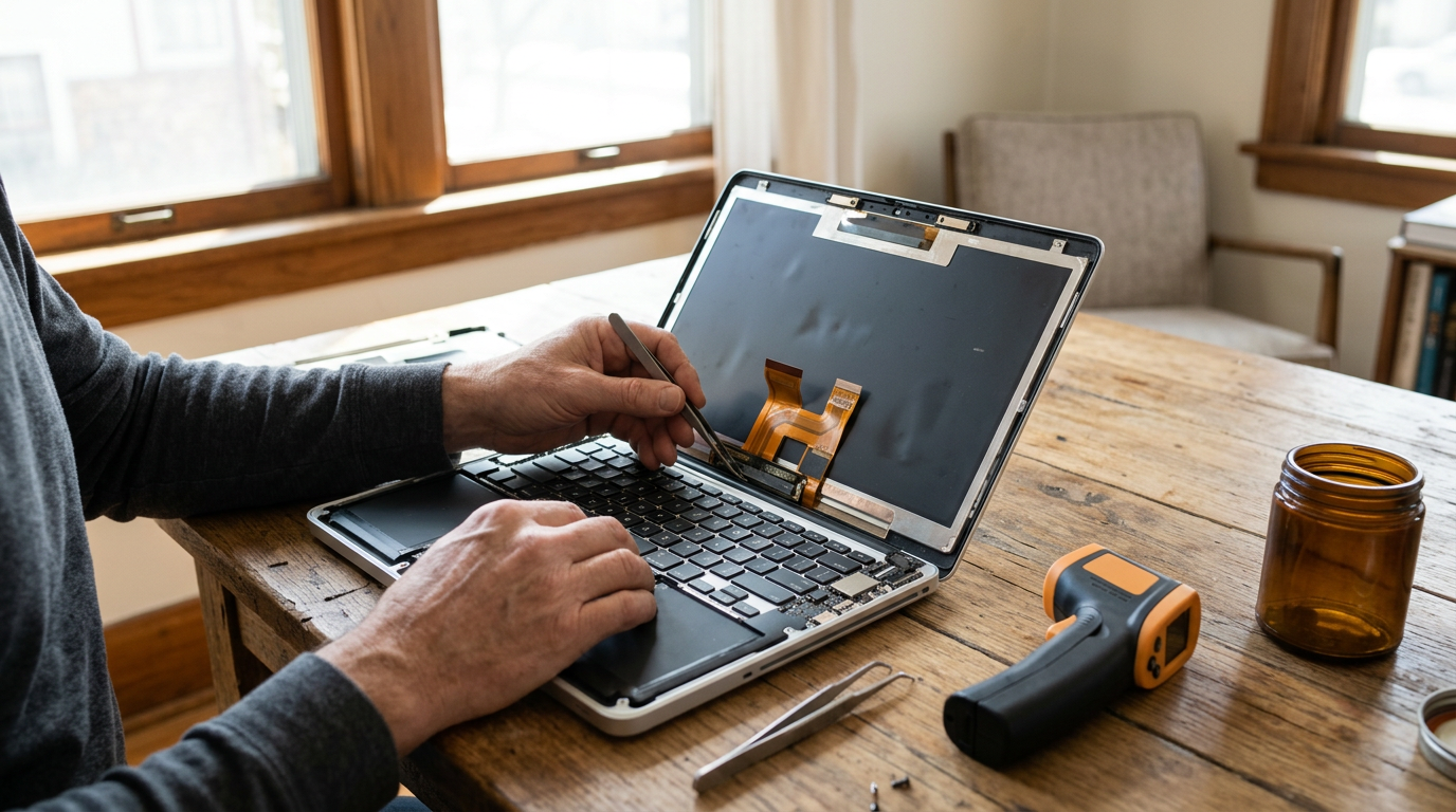 A close-up, top-down shot captures a pair of steady hands using precision tweezers to align a delicate display ribbon cable onto a laptop’s logic board.