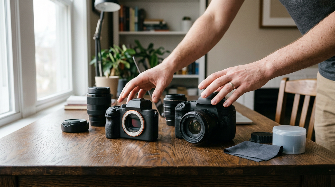 A close-up, high-angle shot in a sunlit home office captures a pair of hands indecisively hovering between two professional camera bodies resting on a dark, grained oak desk.