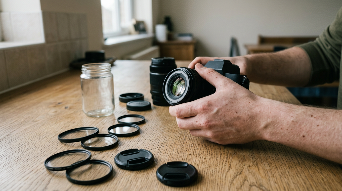 A close-up, top-down perspective showing a photographer’s hands resting on a sturdy wooden desk, carefully swapping an interchangeable lens onto a mirrorless camera body.