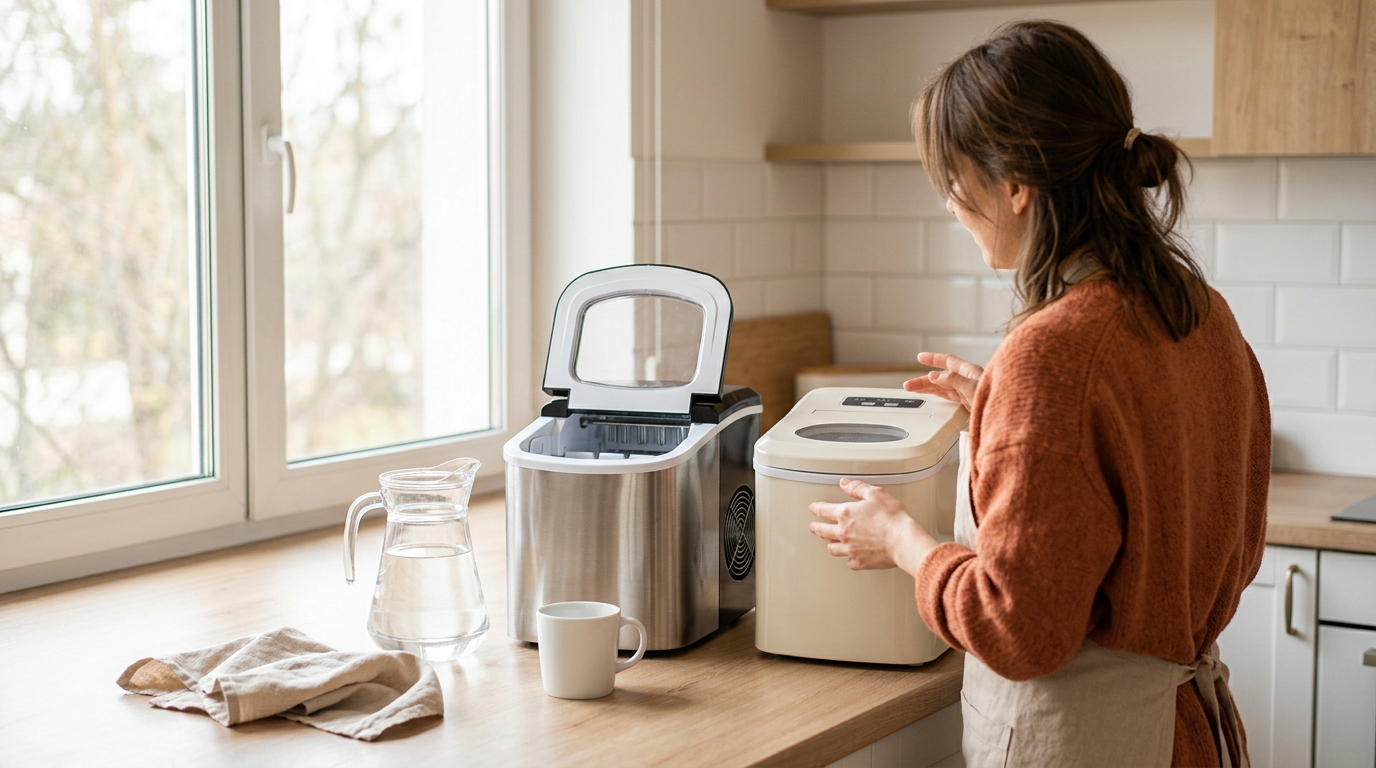 A warm, bright lifestyle photograph of an anonymous person using how to choose the right countertop ice maker in the place where it is really used, natural window light, a plain un