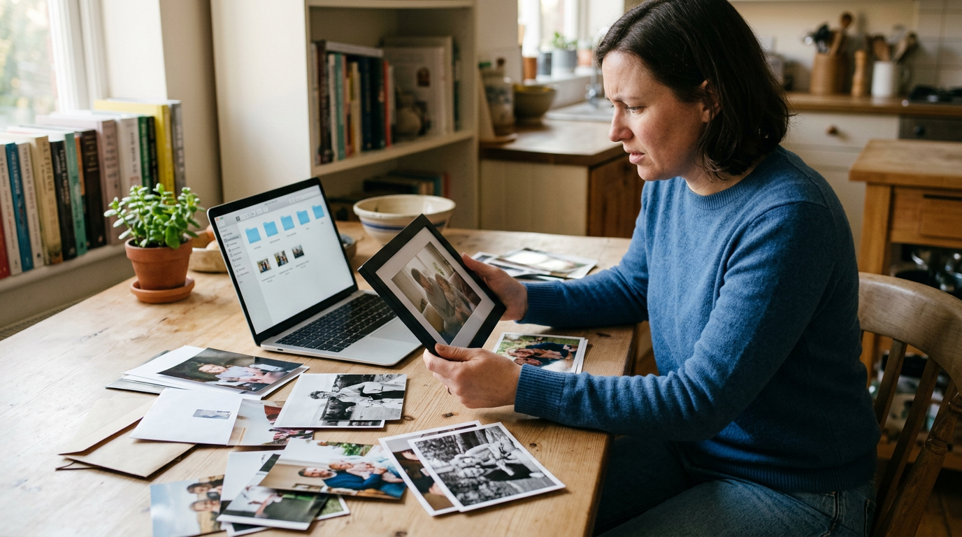 A person sits at a cluttered wooden kitchen table, surrounded by loose printed photographs and a laptop showing cloud storage folders.