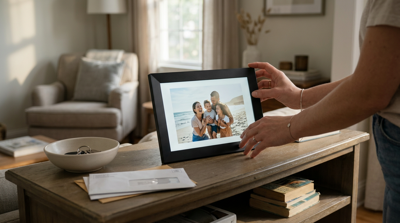 A close-up, documentary-style shot captures a person’s hands interacting with a display as they cycle through a photo gallery.
