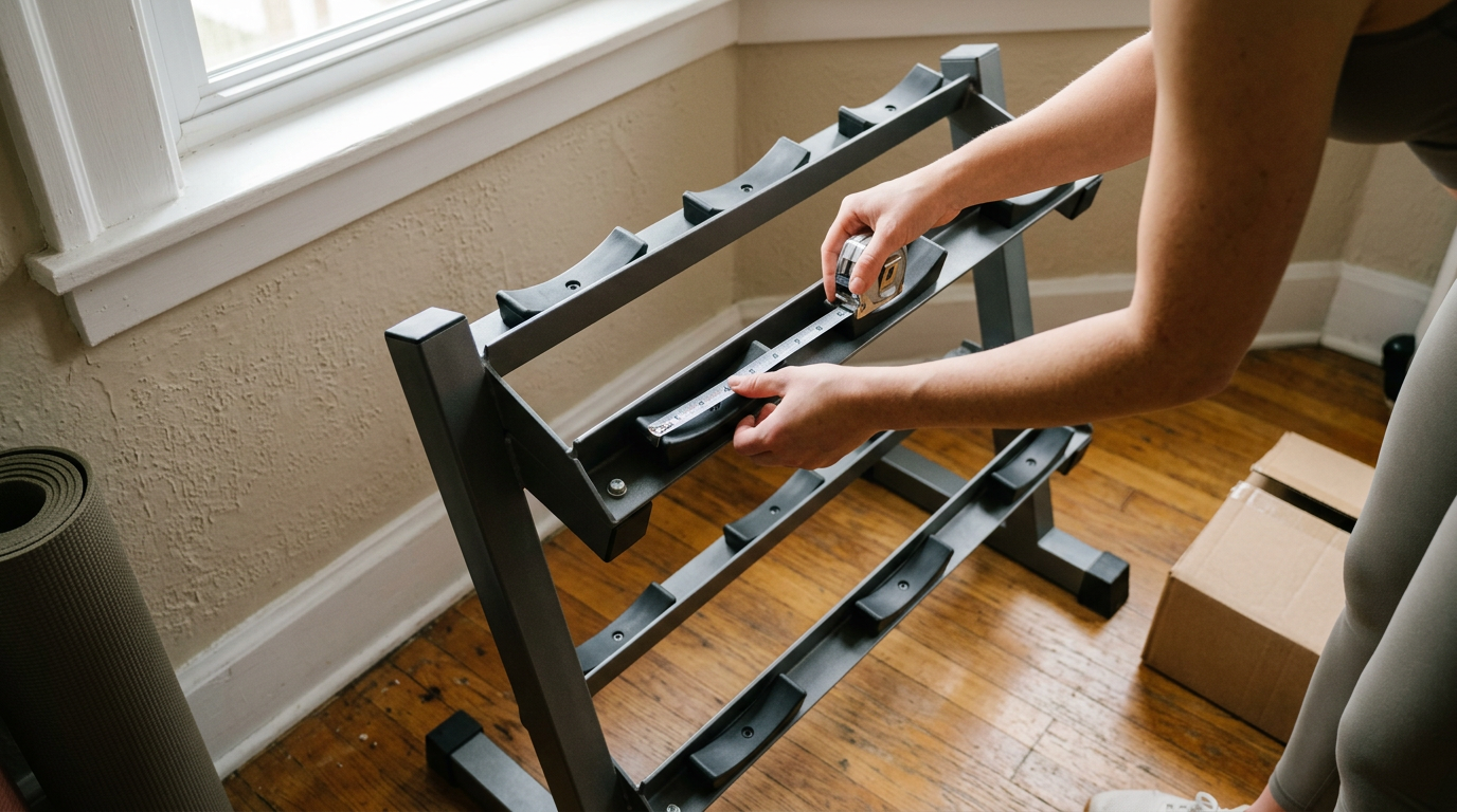 Adjustable dumbbells resting in trays on a steel storage stand.