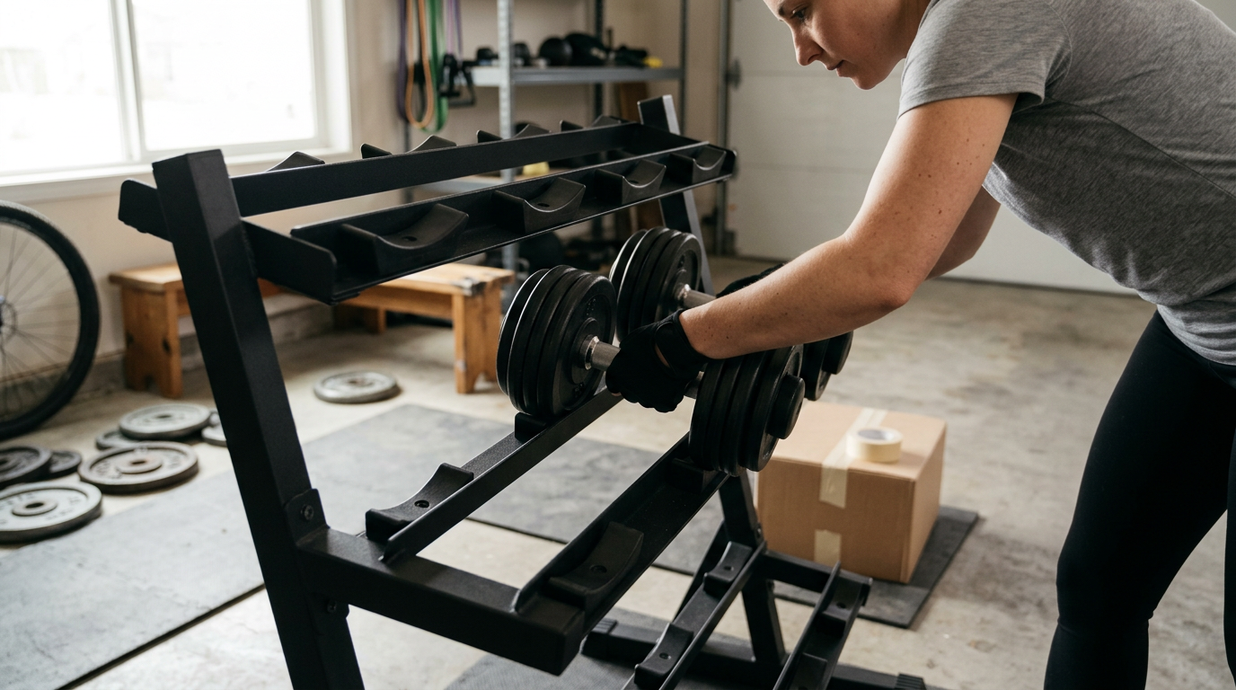A low-angle, medium shot captures a hand carefully aligning a dumbbell into its precision-molded cradle.