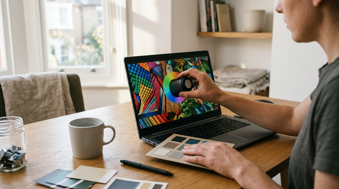 A close-up shot captures a designer’s workspace during late afternoon.