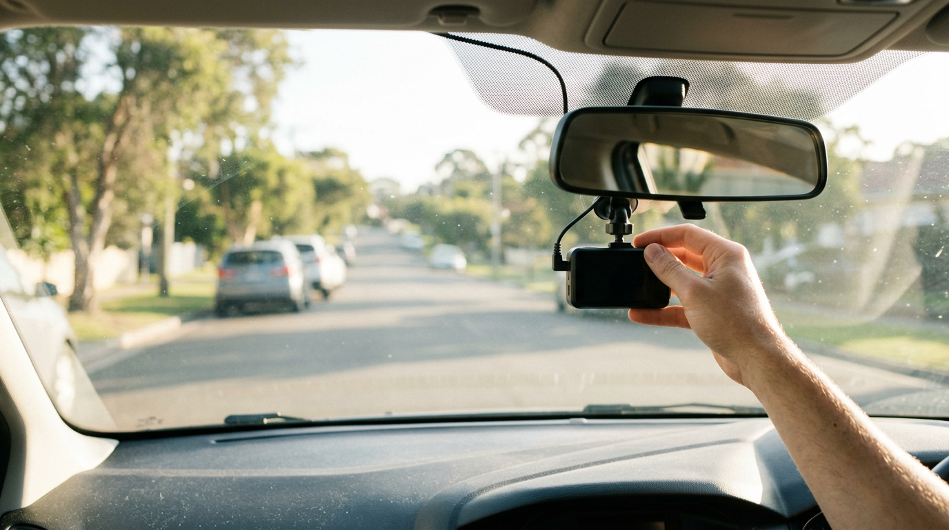 Capture a driver’s eye-level perspective from the passenger seat, looking through a sun-drenched windscreen onto a suburban street.