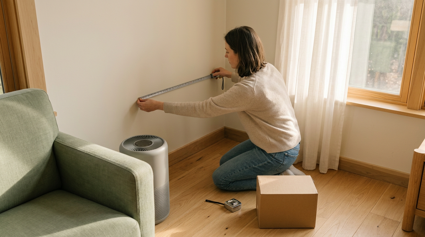 A high-angle shot captures a homeowner kneeling on a light oak floor, holding a tape measure against the wall to gauge the exact square footage of a living space.