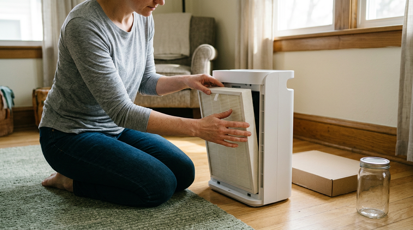 A close-up, documentary-style shot captures a person kneeling on a light oak floor, carefully sliding a replacement filter into the side of a compact air purifier.
