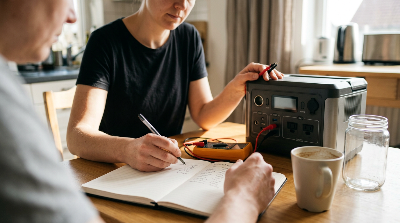 A sunlit dining table serves as a workspace, cluttered with a notebook, a half-empty coffee mug, and a digital multimeter.