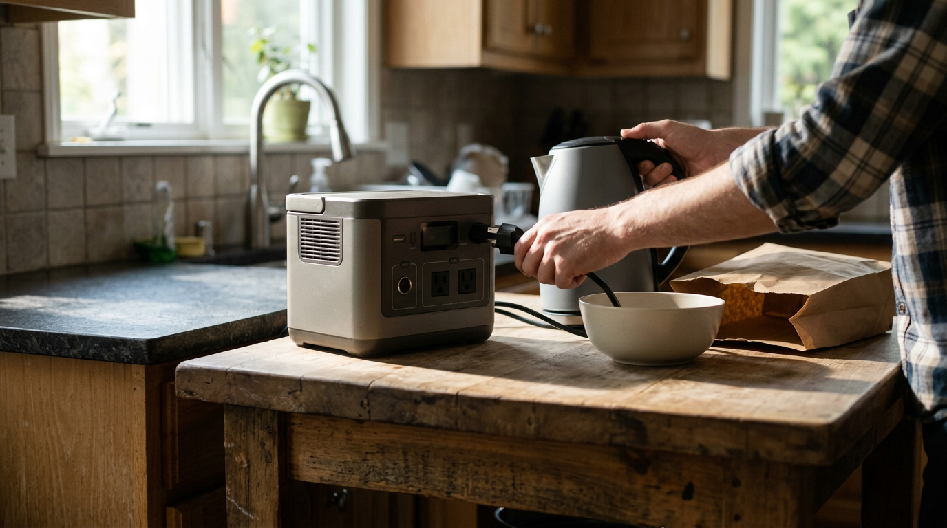 A low-angle, documentary-style shot showing a person’s hands connecting a high-drain kitchen appliance plug into a portable power unit resting on a rough-hewn wooden kitchen island