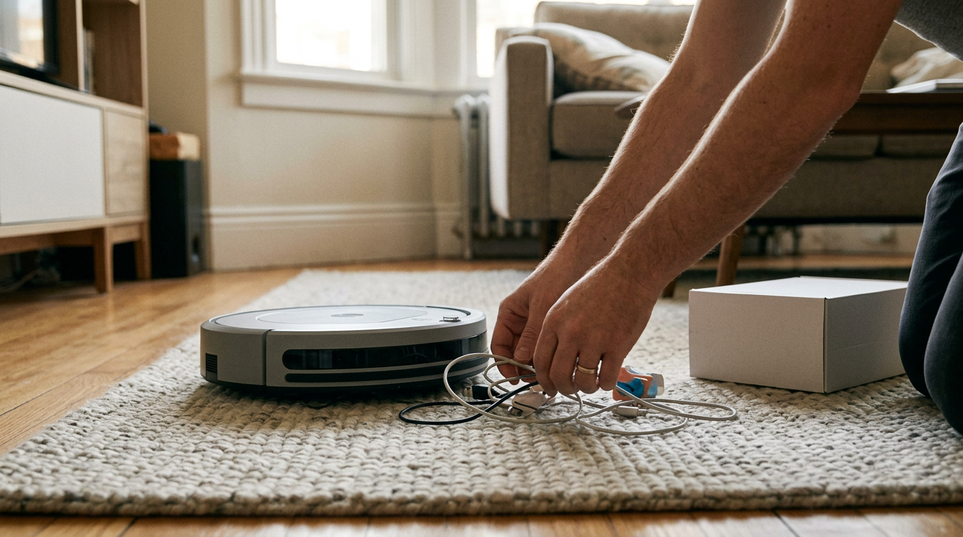 A low-angle, documentary-style shot captures a pair of hands kneeling on a textured wool rug, clearing a tangle of stray charging cables and a small, forgotten toy from the path of