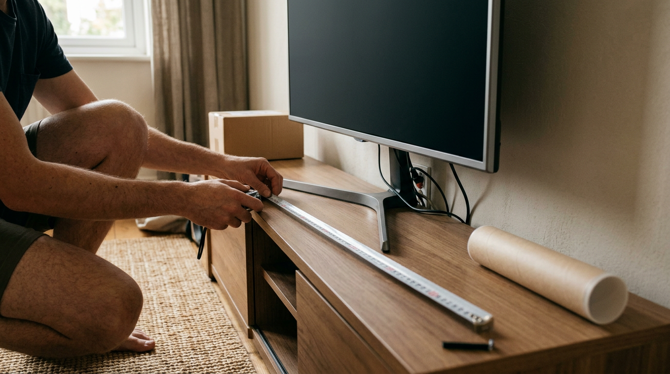 A close-up, high-angle shot captures a person kneeling on a rug, holding a measuring tape against the base of a modern, thin-bezel television.